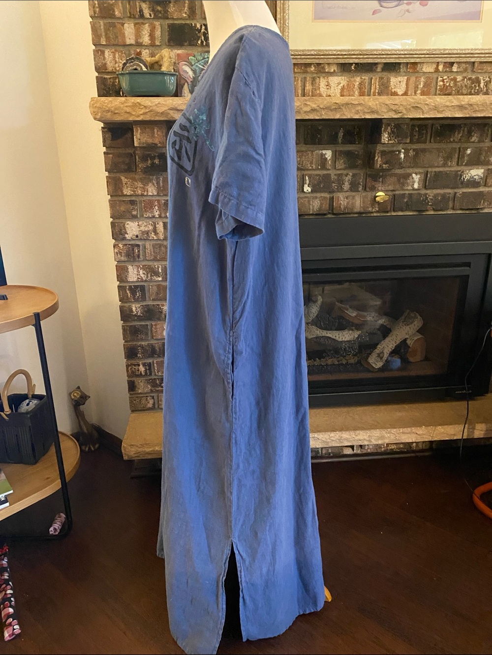 KATHERINE TILTON 100% linen blue gray maxi dress. Made in USA. Asian symbols